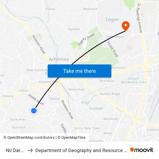 Nii Darko Street to Department of Geography and Resource Development, University of Ghana map