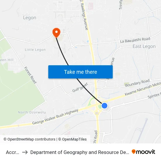 Accra Mall to Department of Geography and Resource Development, University of Ghana map