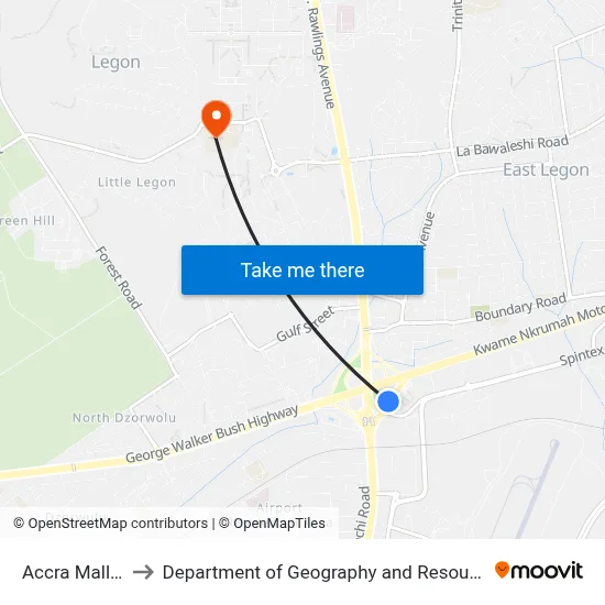 Accra Mall Roundabout to Department of Geography and Resource Development, University of Ghana map