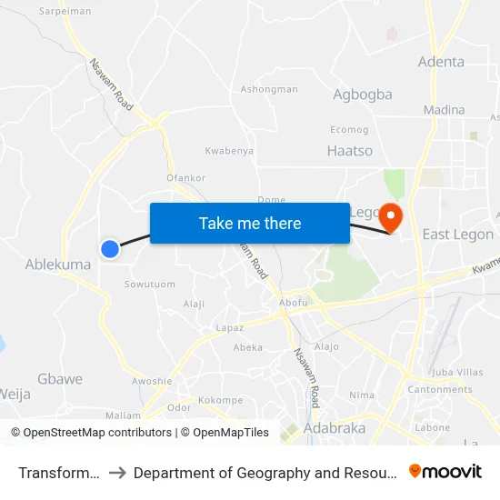 Transformer (Omanjor) to Department of Geography and Resource Development, University of Ghana map