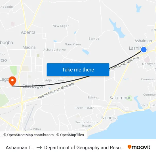 Ashaiman Traffic Junction to Department of Geography and Resource Development, University of Ghana map