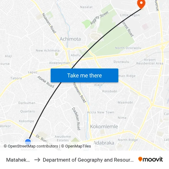 Mataheko Pharmacy to Department of Geography and Resource Development, University of Ghana map