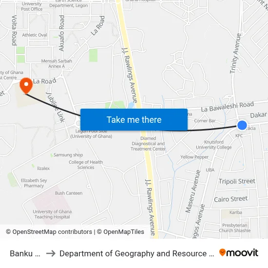 Banku Junction to Department of Geography and Resource Development, University of Ghana map