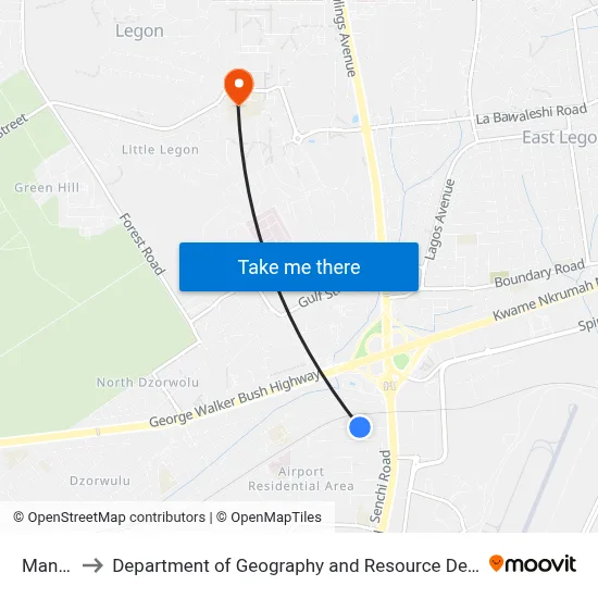 Mangoase to Department of Geography and Resource Development, University of Ghana map