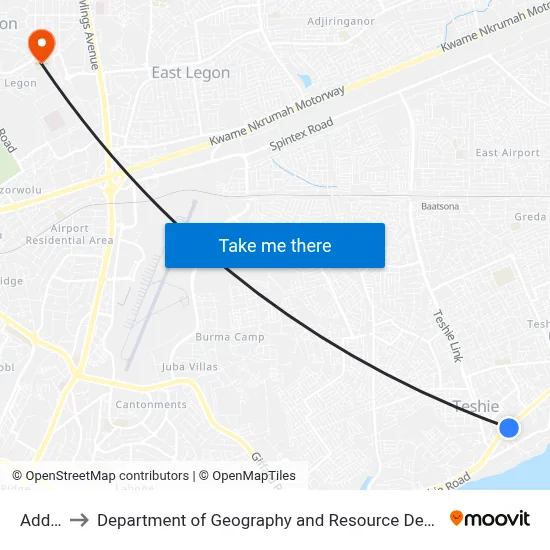 Addoemi to Department of Geography and Resource Development, University of Ghana map