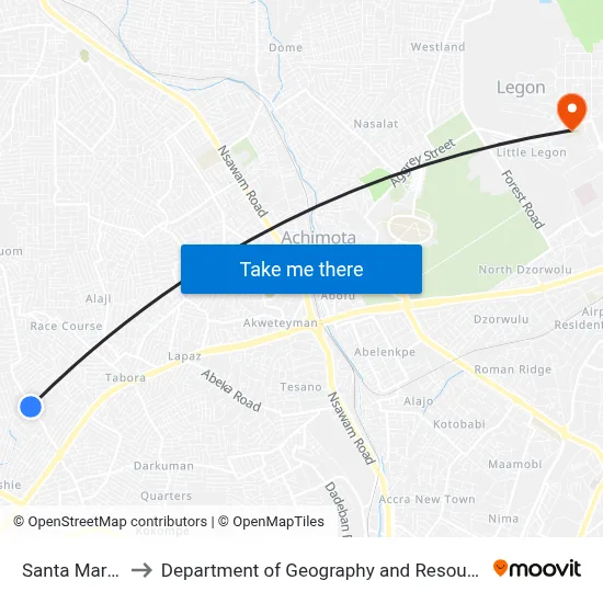 Santa Maria Blue Kiosk to Department of Geography and Resource Development, University of Ghana map