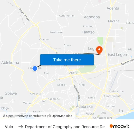 Vulcanizer to Department of Geography and Resource Development, University of Ghana map