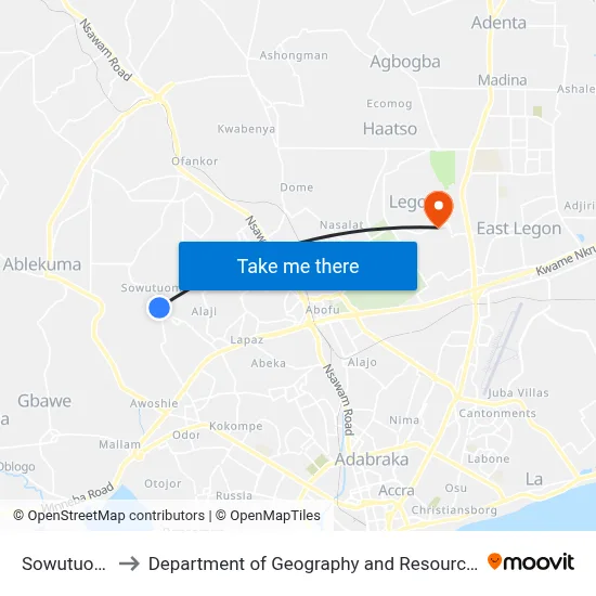 Sowutuom Chopbar to Department of Geography and Resource Development, University of Ghana map