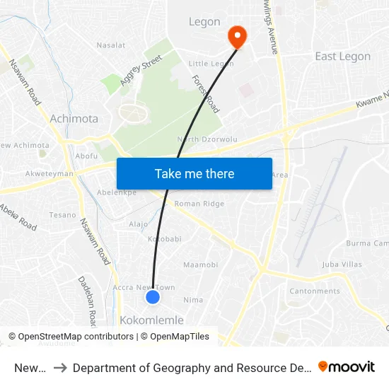 New Town to Department of Geography and Resource Development, University of Ghana map