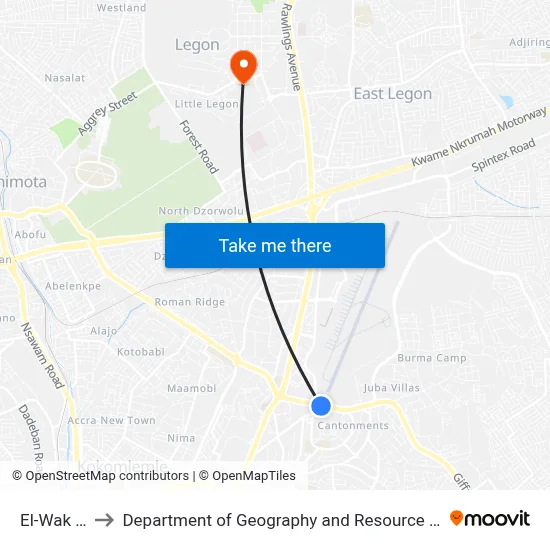 El-Wak Stadium to Department of Geography and Resource Development, University of Ghana map