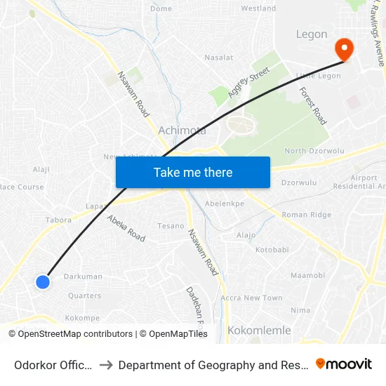 Odorkor Official Town Junction to Department of Geography and Resource Development, University of Ghana map
