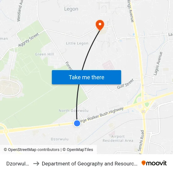 Dzorwulu Junction to Department of Geography and Resource Development, University of Ghana map