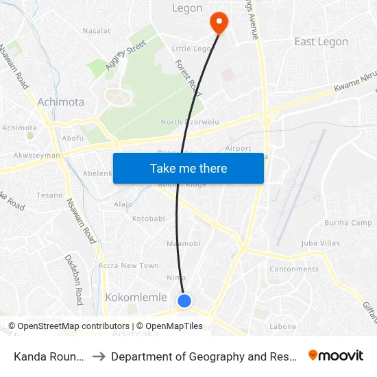 Kanda Roundabout Junction to Department of Geography and Resource Development, University of Ghana map