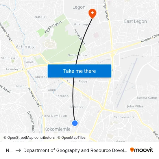Nima to Department of Geography and Resource Development, University of Ghana map