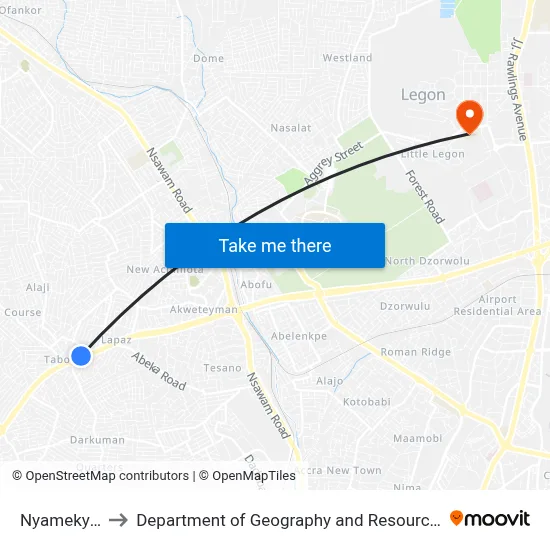 Nyamekye Junction to Department of Geography and Resource Development, University of Ghana map
