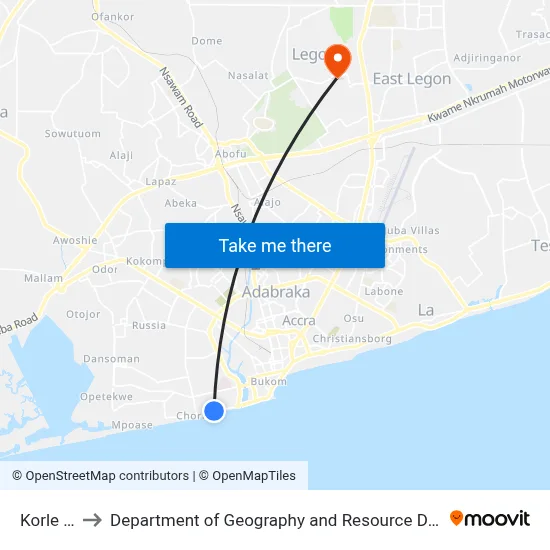 Korle Gonno to Department of Geography and Resource Development, University of Ghana map