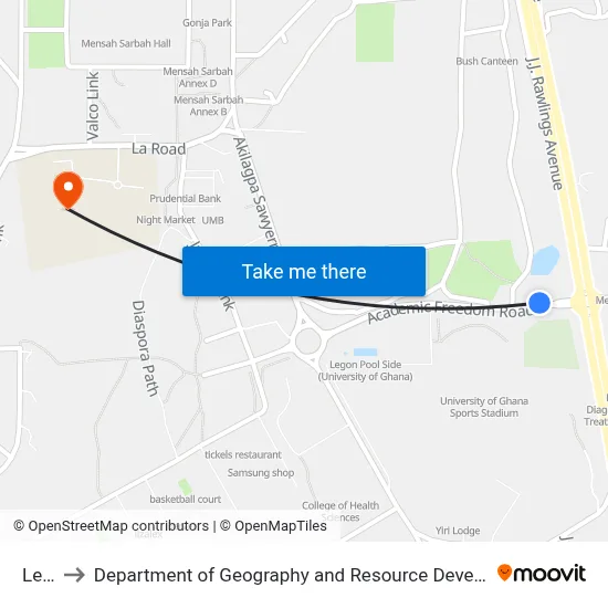 Legon to Department of Geography and Resource Development, University of Ghana map