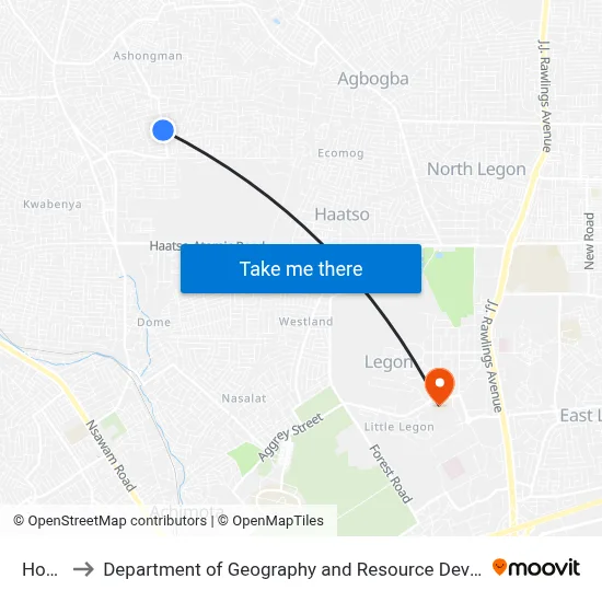 Hospital to Department of Geography and Resource Development, University of Ghana map