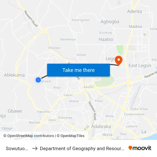Sowutuom Last Stop to Department of Geography and Resource Development, University of Ghana map
