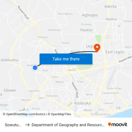 Sowutuom Market to Department of Geography and Resource Development, University of Ghana map