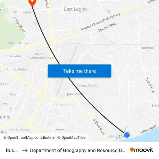Bush Road to Department of Geography and Resource Development, University of Ghana map