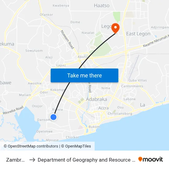 Zambrama Line to Department of Geography and Resource Development, University of Ghana map