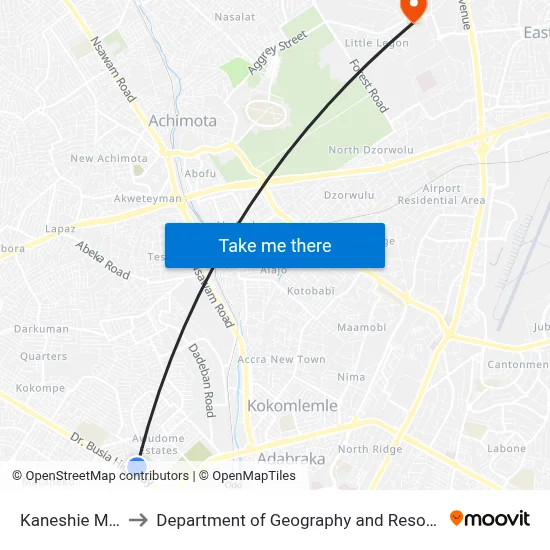 Kaneshie Market Bus Stop to Department of Geography and Resource Development, University of Ghana map