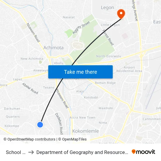 School Junction to Department of Geography and Resource Development, University of Ghana map