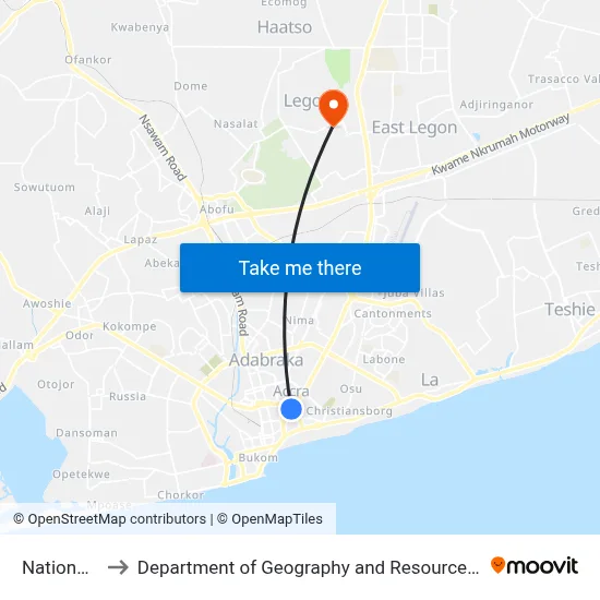 National Theatre to Department of Geography and Resource Development, University of Ghana map