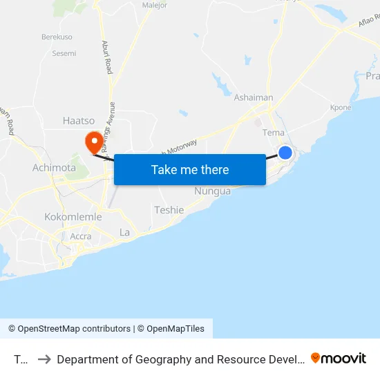 Tema to Department of Geography and Resource Development, University of Ghana map