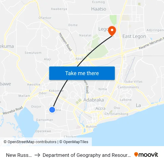 New Russia Last Stop to Department of Geography and Resource Development, University of Ghana map