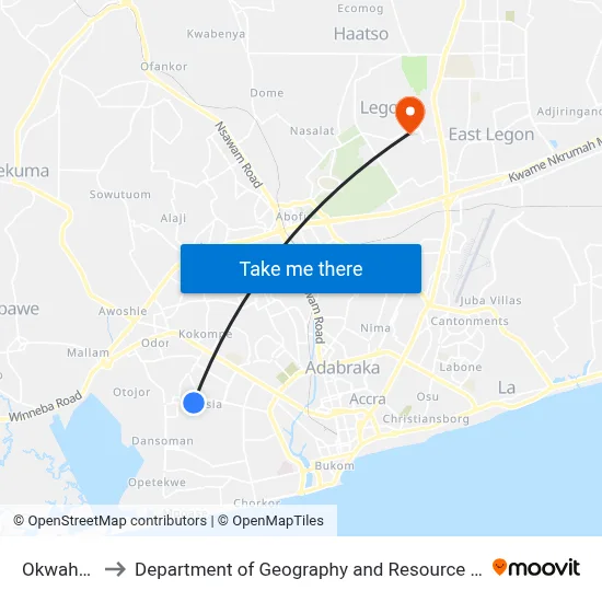 Okwahu Motors to Department of Geography and Resource Development, University of Ghana map