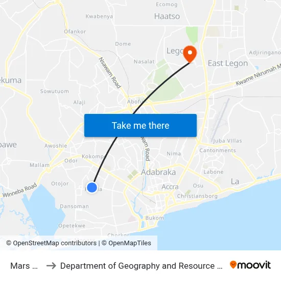 Mars Junction to Department of Geography and Resource Development, University of Ghana map