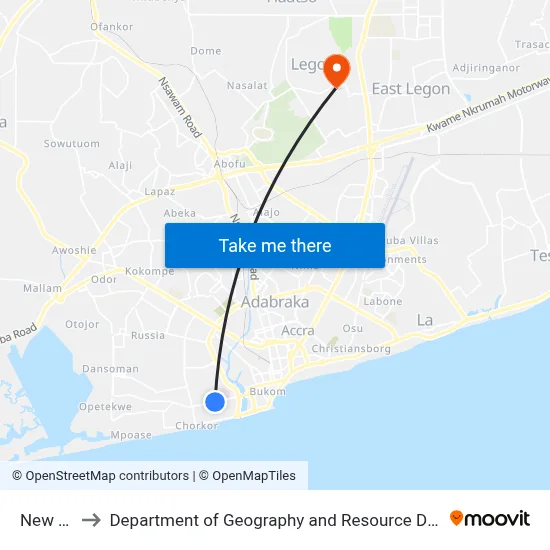 New Station to Department of Geography and Resource Development, University of Ghana map