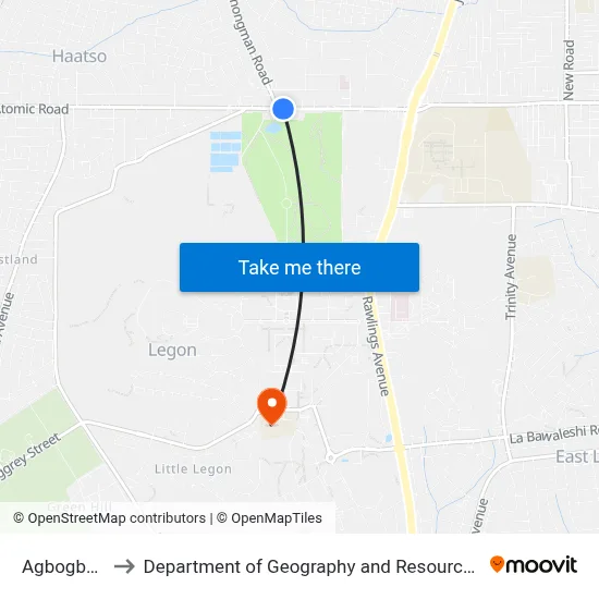Agbogba Junction to Department of Geography and Resource Development, University of Ghana map