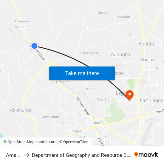 Amasaman to Department of Geography and Resource Development, University of Ghana map