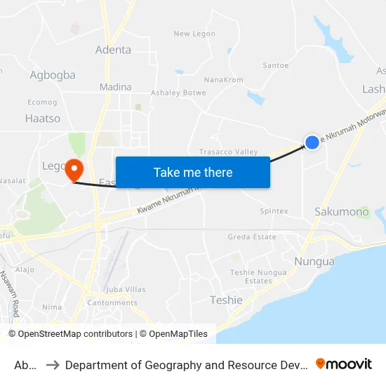 Abattoir to Department of Geography and Resource Development, University of Ghana map