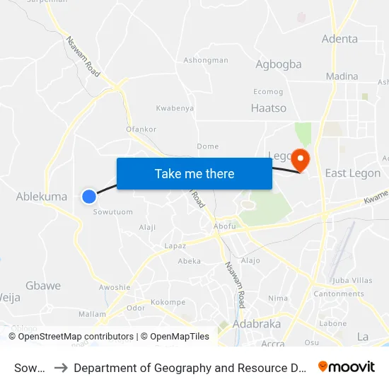 Sowutuom to Department of Geography and Resource Development, University of Ghana map