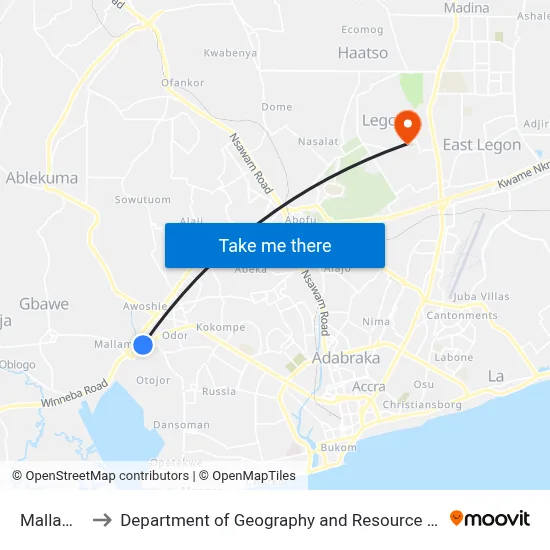 Mallam Market to Department of Geography and Resource Development, University of Ghana map