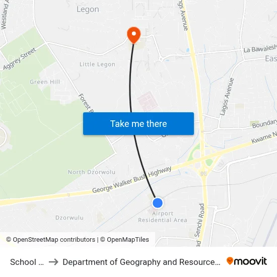 School Junction to Department of Geography and Resource Development, University of Ghana map