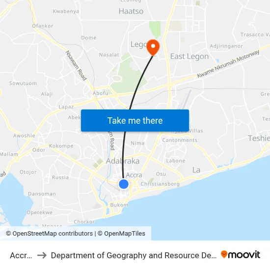 Accra Poly to Department of Geography and Resource Development, University of Ghana map