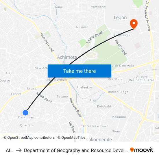 Alafia to Department of Geography and Resource Development, University of Ghana map