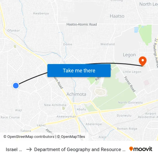 Israel Junction to Department of Geography and Resource Development, University of Ghana map