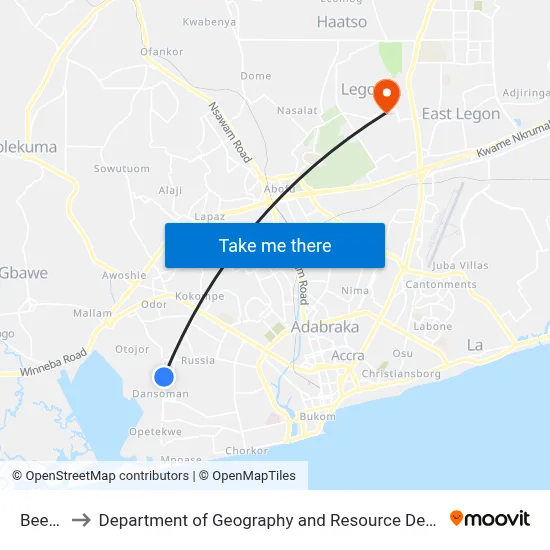 Beecham to Department of Geography and Resource Development, University of Ghana map