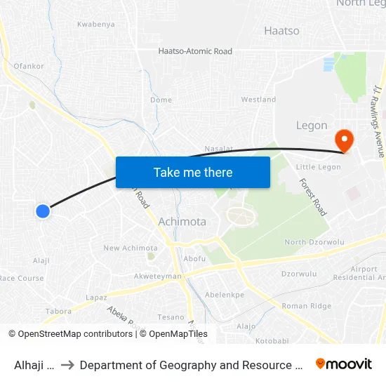 Alhaji Station to Department of Geography and Resource Development, University of Ghana map