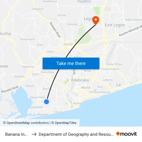 Banana Inn Transformer to Department of Geography and Resource Development, University of Ghana map