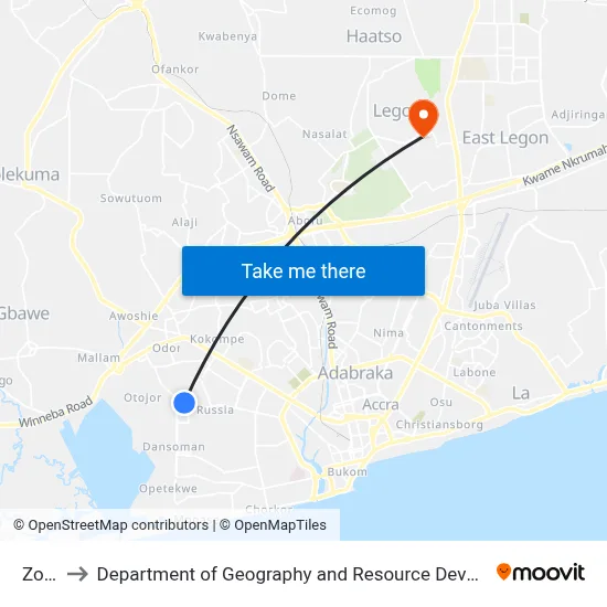 Zodiac to Department of Geography and Resource Development, University of Ghana map