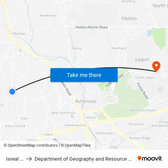 Isreal Station to Department of Geography and Resource Development, University of Ghana map