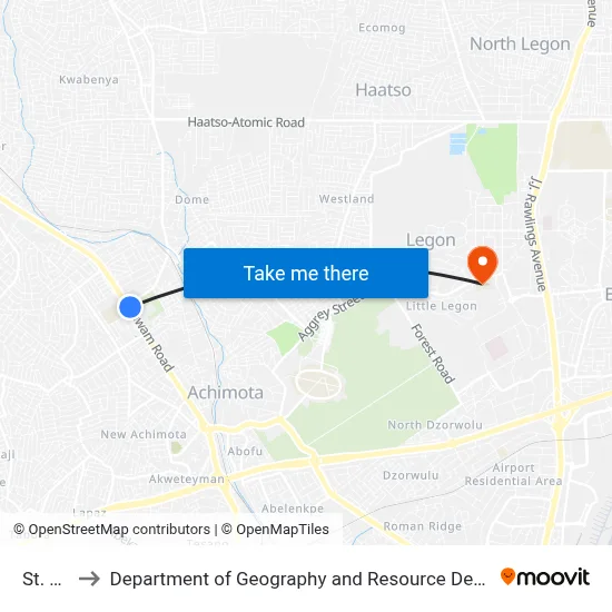 St. Johns to Department of Geography and Resource Development, University of Ghana map