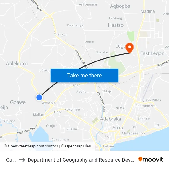 Calvary to Department of Geography and Resource Development, University of Ghana map